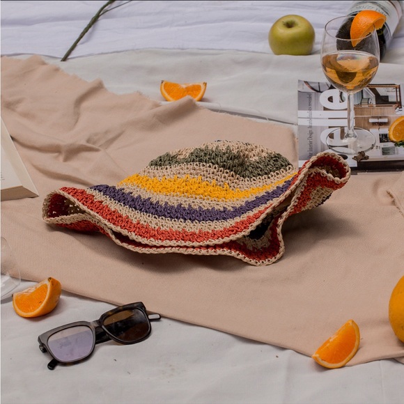 COST 🛑LAST 1! Tan Striped Bucket Hat Crochet Bucket Colorful Multicolor vacation - Picture 6 of 6